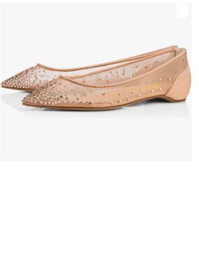 XYD Nude Mesh Rhinestones Studded Hidden Heels Slip On Pointed Toe Evening Shoes